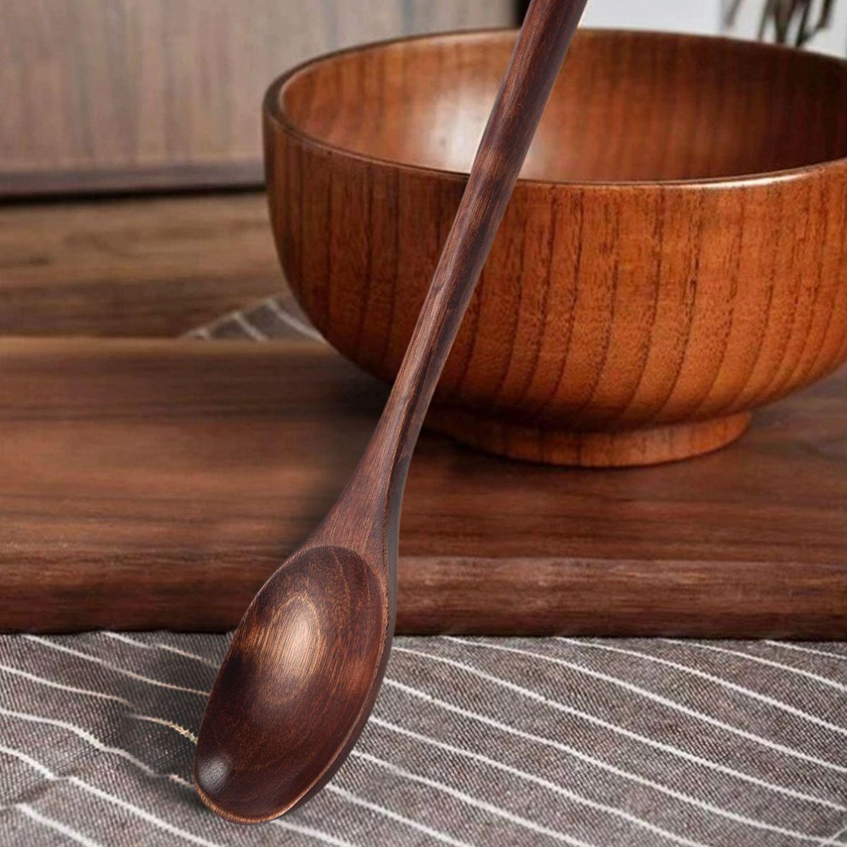 6 Pieces Wooden Spoons Kitchen Serving Long Handle Soup Spoons Cooking Tasting Spoons for Eating Mixing Stirring