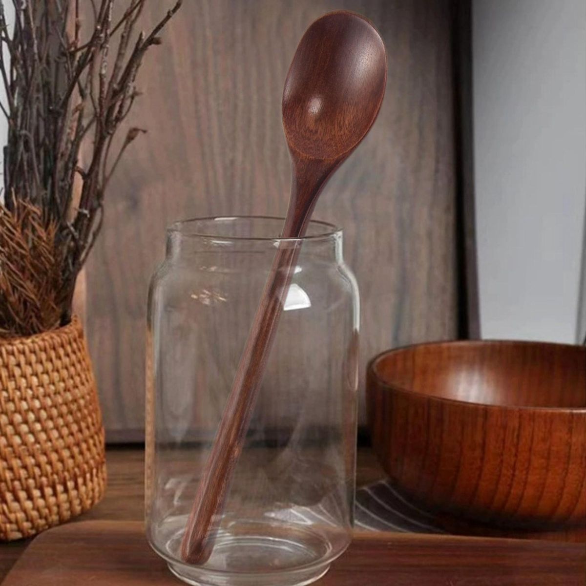 6 Pieces Wooden Spoons Kitchen Serving Long Handle Soup Spoons Cooking Tasting Spoons for Eating Mixing Stirring