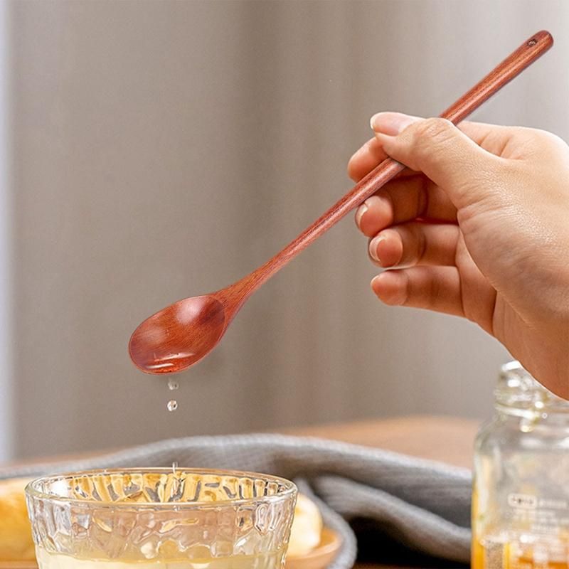 6 Pieces Wooden Spoons Kitchen Serving Long Handle Soup Spoons Cooking Tasting Spoons for Eating Mixing Stirring