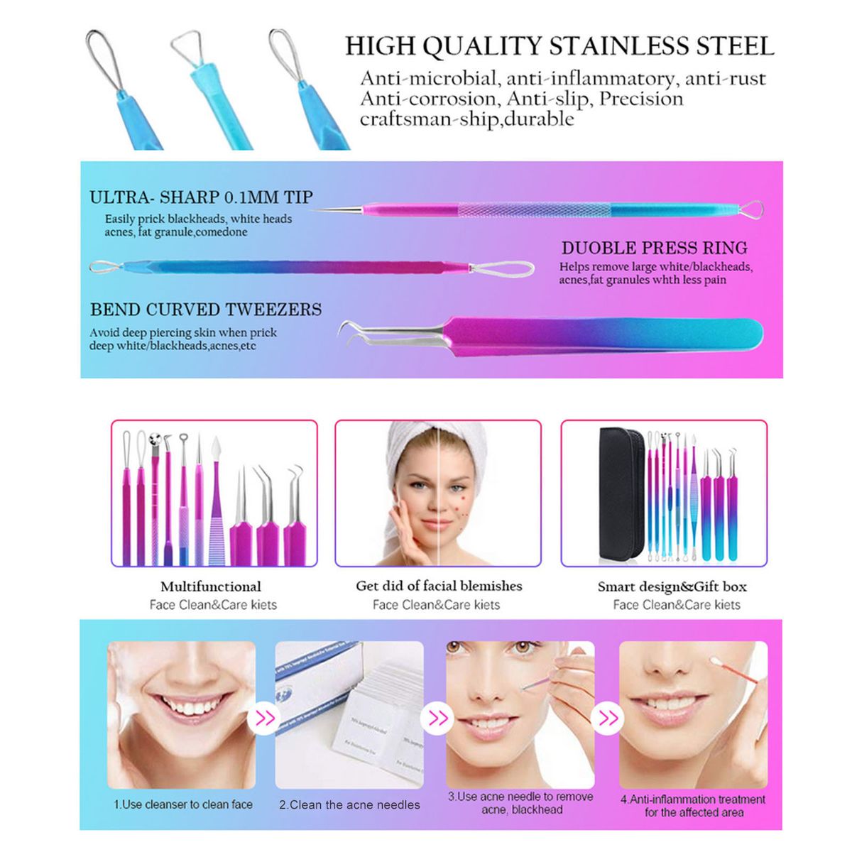 10PCS Pimple Comedone Extractor Tool Acne Removal Kit