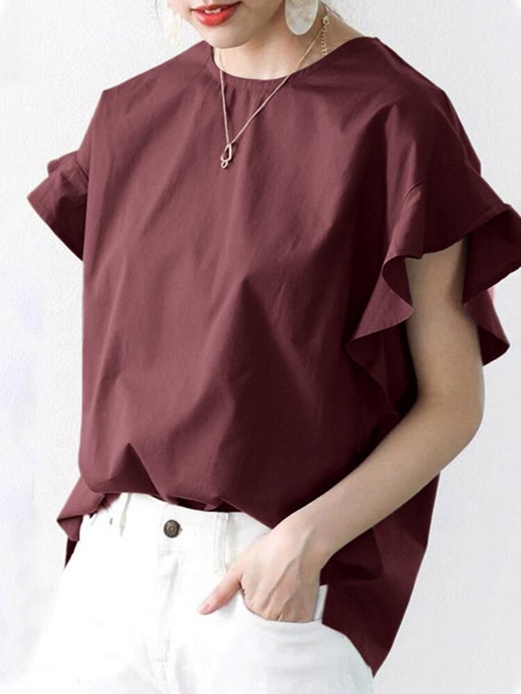Solid Ruffle Round Neck Bat Sleeve Casual Blouse