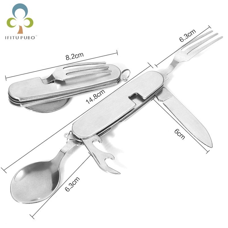1Pc Outdoor Tableware Stainless Steel Spoon/Fork//Bottle Opener 4 In 1 Folding Cutlery Set
