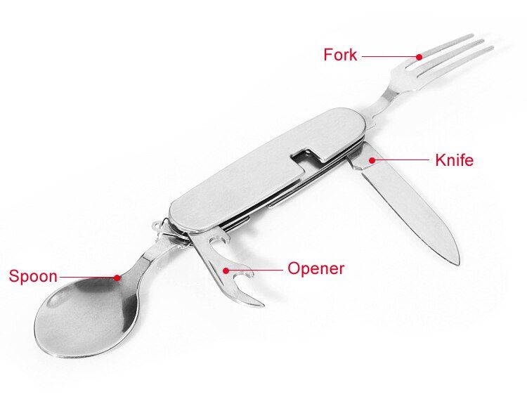 1Pc Outdoor Tableware Stainless Steel Spoon/Fork//Bottle Opener 4 In 1 Folding Cutlery Set