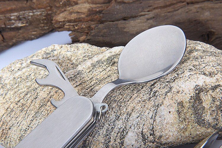1Pc Outdoor Tableware Stainless Steel Spoon/Fork//Bottle Opener 4 In 1 Folding Cutlery Set