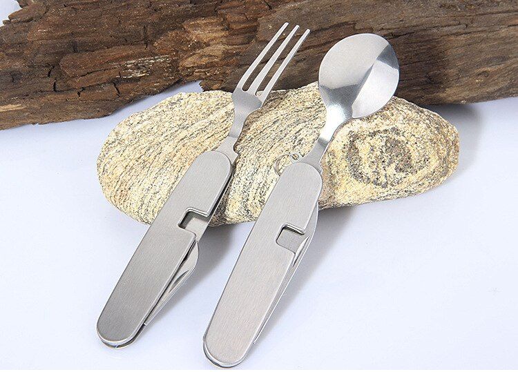 1Pc Outdoor Tableware Stainless Steel Spoon/Fork//Bottle Opener 4 In 1 Folding Cutlery Set