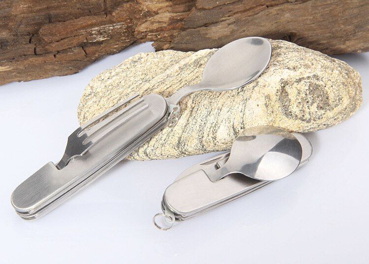 1Pc Outdoor Tableware Stainless Steel Spoon/Fork//Bottle Opener 4 In 1 Folding Cutlery Set