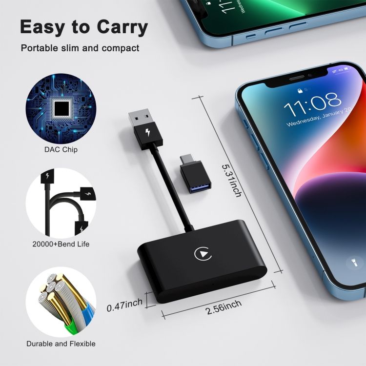 Wired To Wireless Carplay Adapter For IPhone Black Rectangle