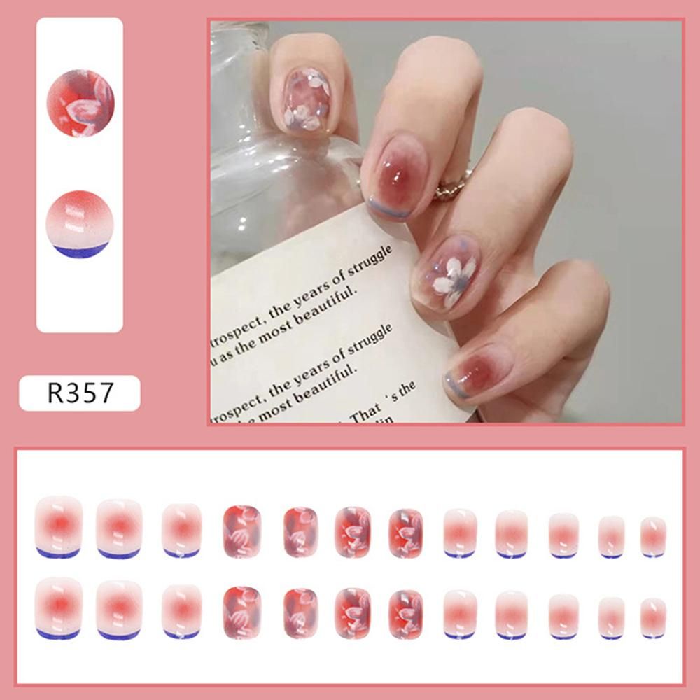 24PCS Short Press on Nail Cute Flowers Design Sweet Style