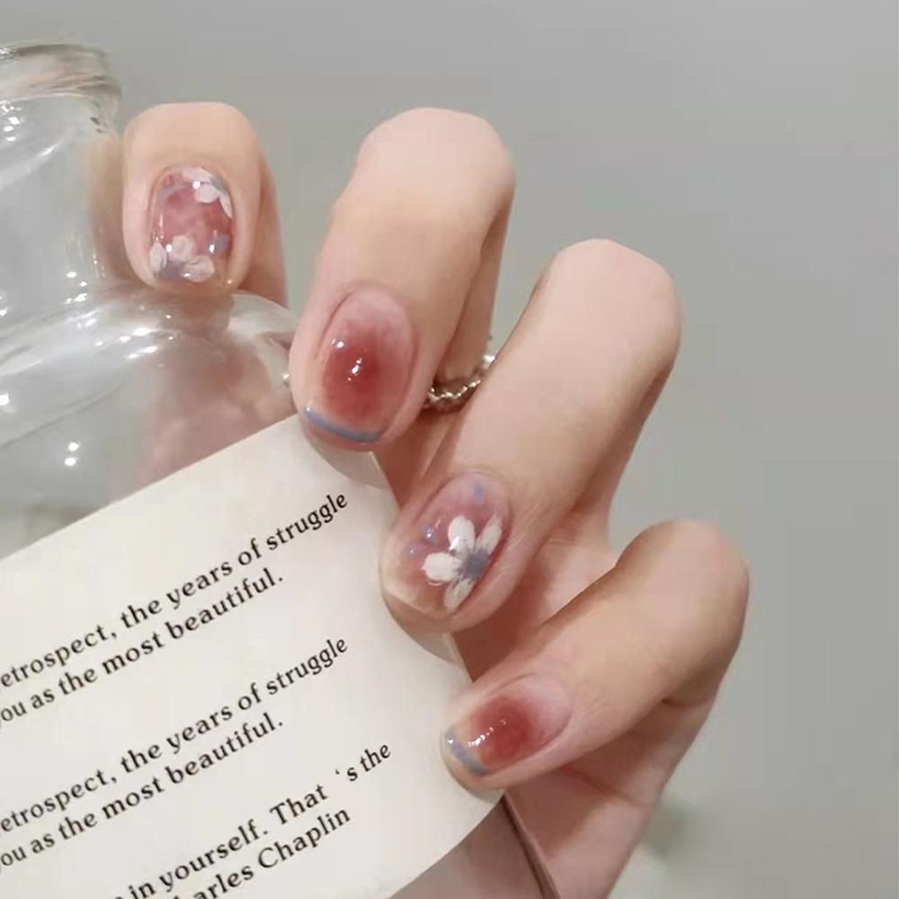 24PCS Short Press on Nail Cute Flowers Design Sweet Style