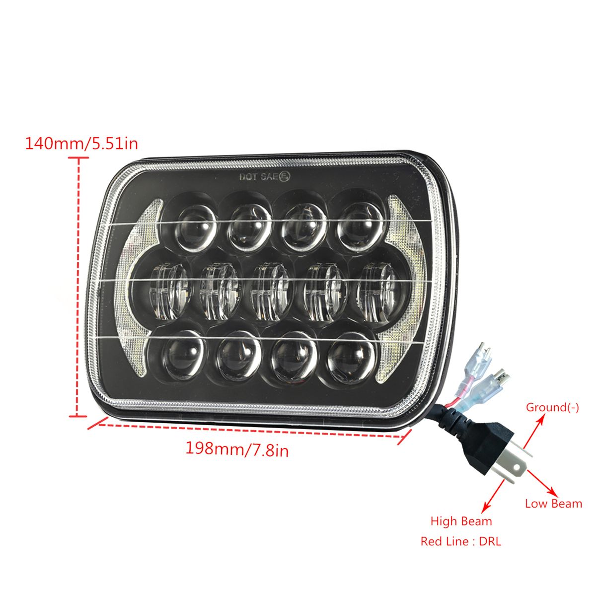1Pc 5x7 Inch 85W Car Headlight 13Pcs Lamp Beads H4 Plug High