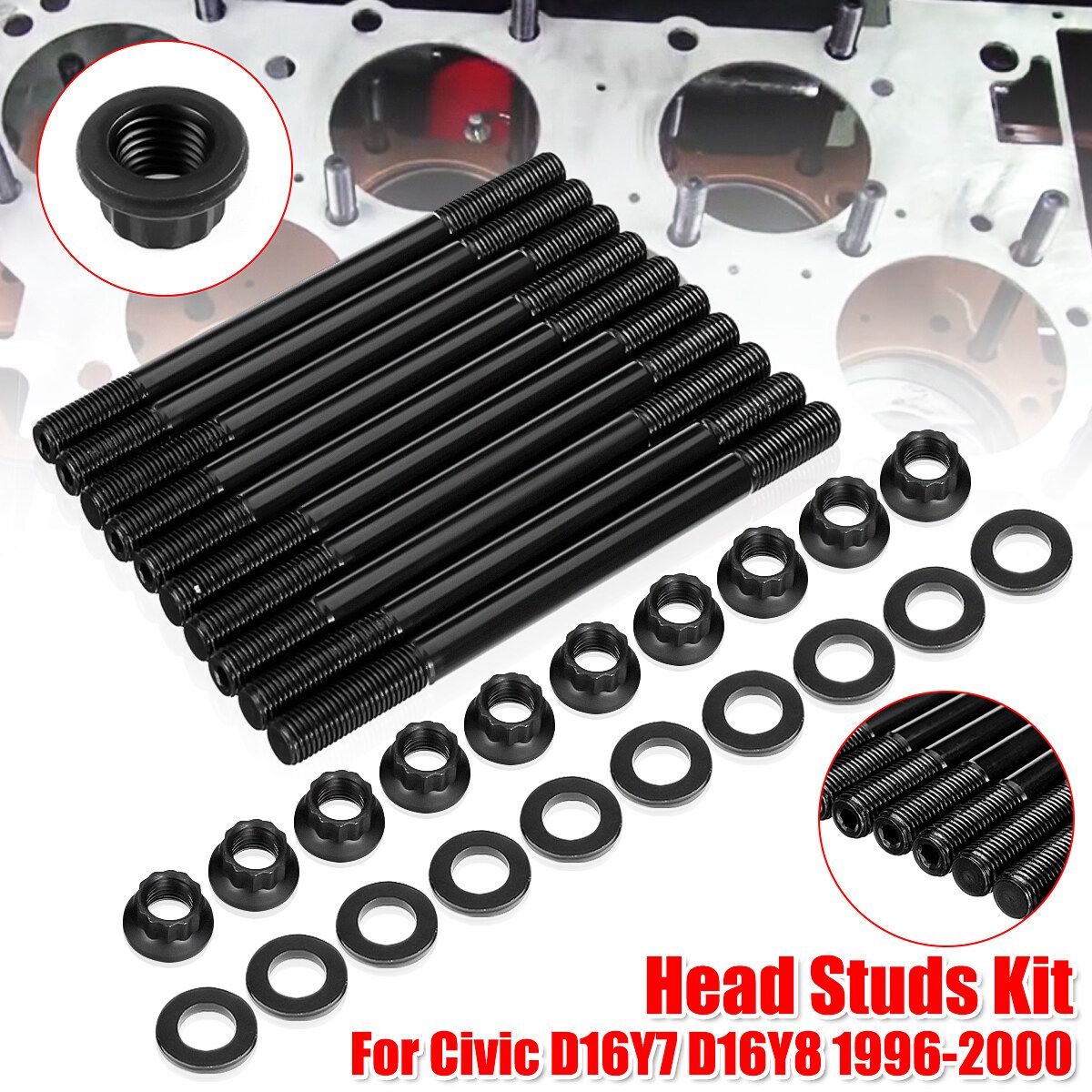 30pcs 1Set Cylinder Head Studs Bolts Nuts Kit For Honda Civic D16Y7 D16Y8 1996-06