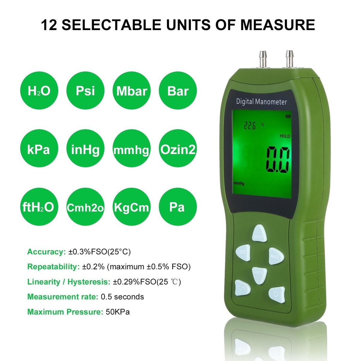 Manometer Digital Air Pressure Meter 12 Unit Dual Port Differential Pressure Gauge HVAC Gas Pressure Tester Large LCD Backlit Auto Power Off Handheld Barometer Natural Gas Analyzer
