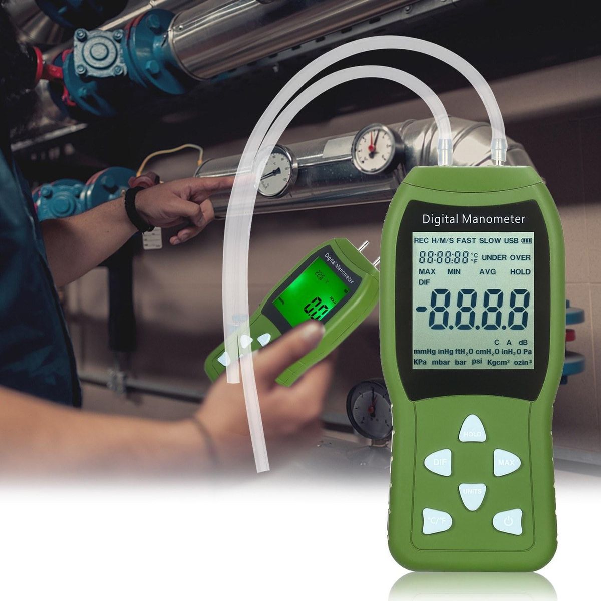 Manometer Digital Air Pressure Meter 12 Unit Dual Port Differential Pressure Gauge HVAC Gas Pressure Tester Large LCD Backlit Auto Power Off Handheld Barometer Natural Gas Analyzer