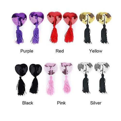 1 Pair Sexy Women Ladies Lingerie Sequin Tassel Heart Shaped Breast Bra Nipple Cover Pasties Stickers Black, P-Silver