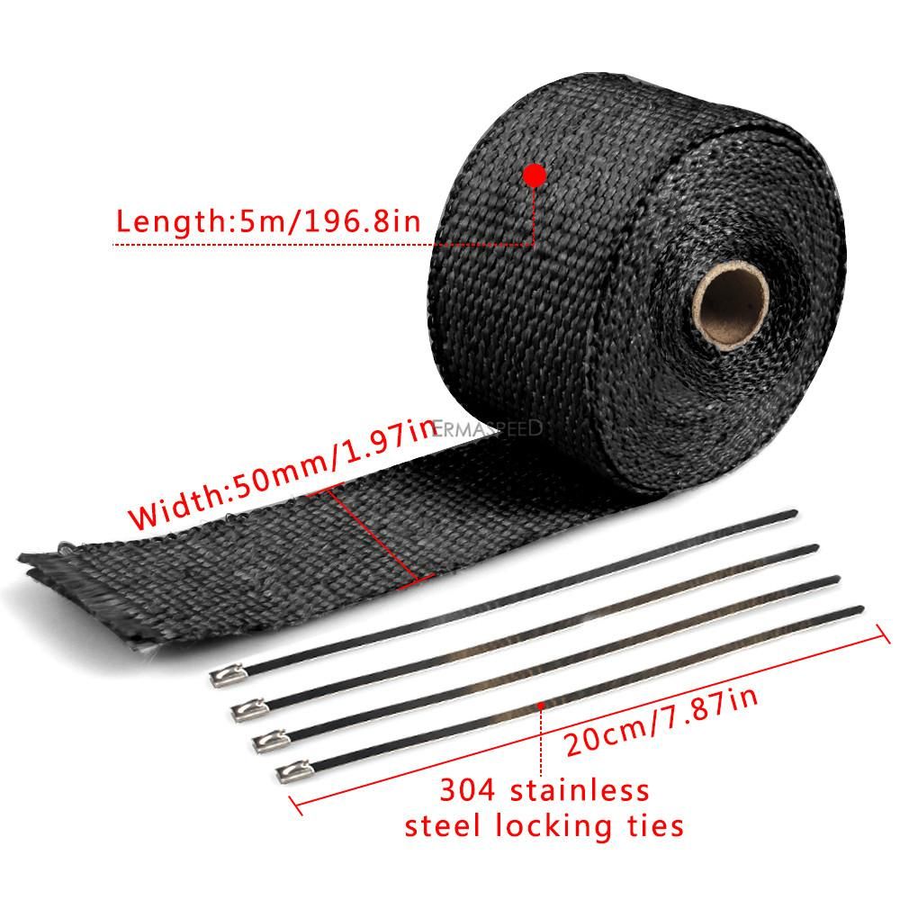 Universal 5M Motorcycle Exhaust Thermal Tape Header Pipe Heat Wrap Tape Fiberglass Thermal Protection with Stainless Ties