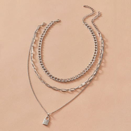 Padlock Pendant Layered Necklace - Silver