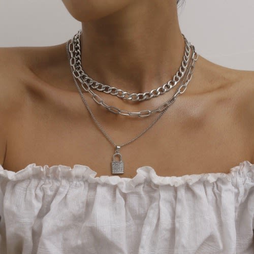 Padlock Pendant Layered Necklace - Silver