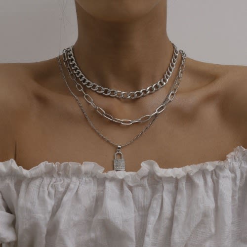 Padlock Pendant Layered Necklace - Silver