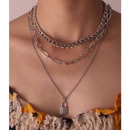 Padlock Pendant Layered Necklace - Silver