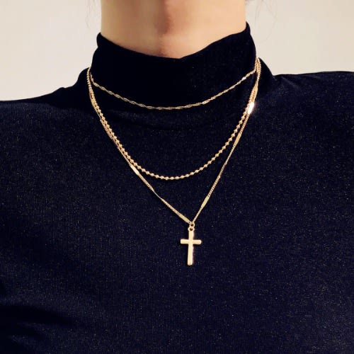 Cross Pendant Layered Necklace- Gold