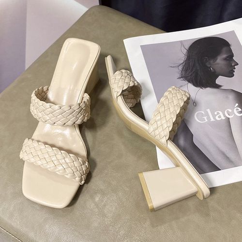 Women's Braided Heels Mules Sandals Square Open Toe Dress Ladies Slippers-Beige