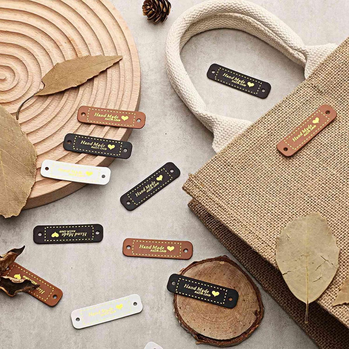 60Pcs Handmade PU Leather Tags Faux Leather Sew on Labels Embellishment Knit Accessories with Holes for