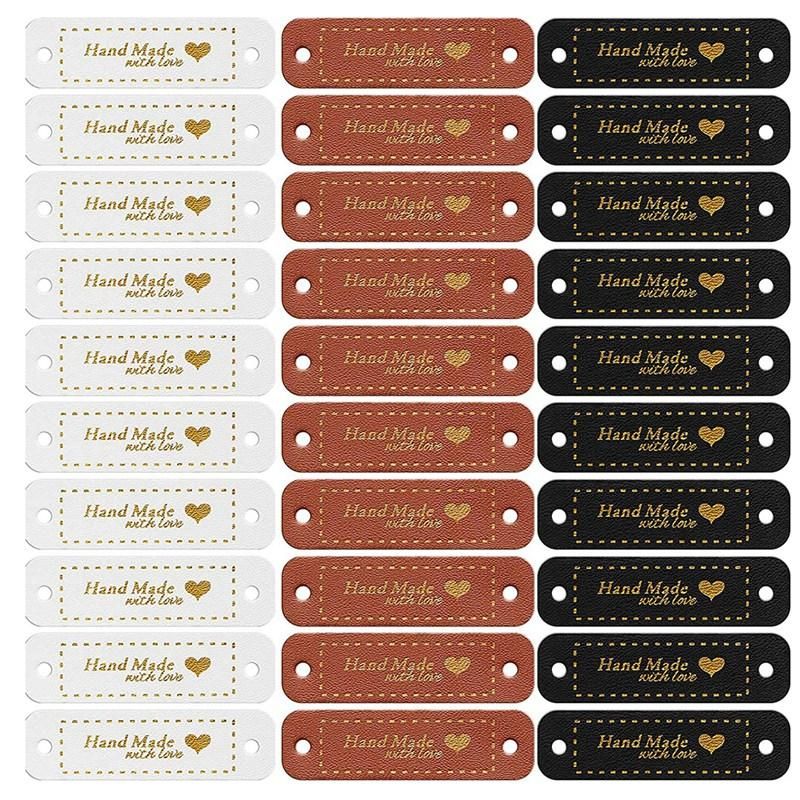 60Pcs Handmade PU Leather Tags Faux Leather Sew on Labels Embellishment Knit Accessories with Holes for