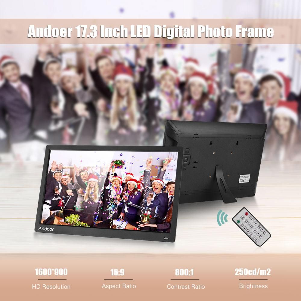 Andoer 17.3 Inch Desktop Digital Photo Picture Frame Album 1600*900 Resolution 16:9 TN LED Display Screen Support Calendar Clock Time Setting MP3 Music Movie with IR Remote Control Stand Bracket Support SD Card As Gift Presen