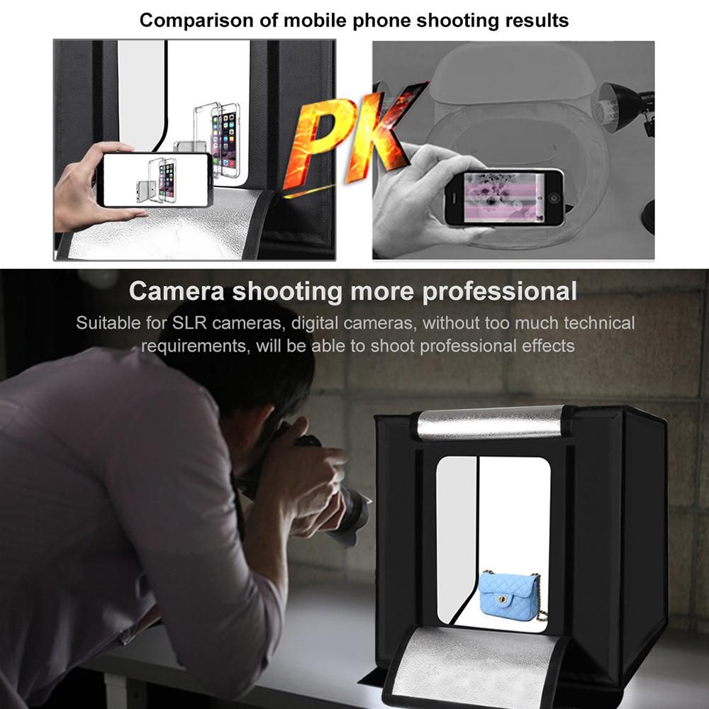 Portable Photo Studio Box 16 inch 40cm Folding Photography Light Tent Professional Foldable Shooting Lighting Softbox with 64 LED Lights Three-color Backdrops  (E U plug)
