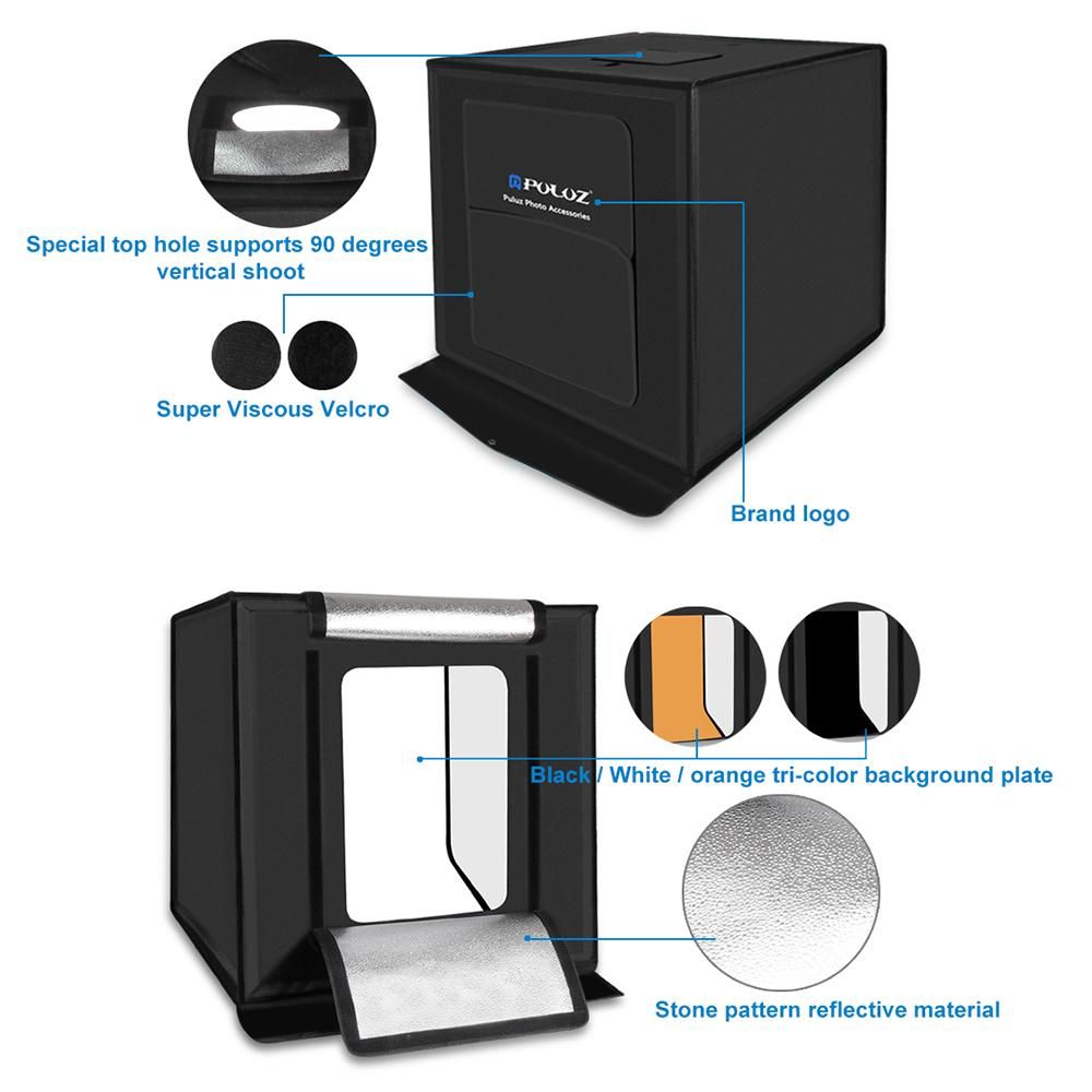 Portable Photo Studio Box 16 inch 40cm Folding Photography Light Tent Professional Foldable Shooting Lighting Softbox with 64 LED Lights Three-color Backdrops  (E U plug)