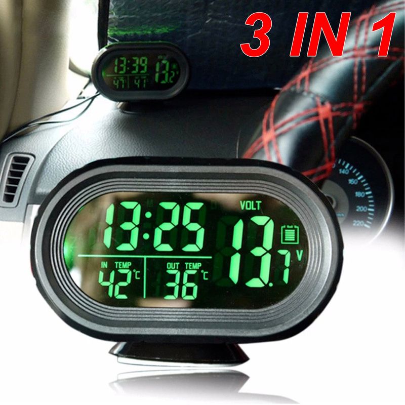 Car Thermometer Digital Clock Automobile Clock LED Lighted Auto Dual Temperature Gauge Voltmeter Voltage Tester 12V 24V Input