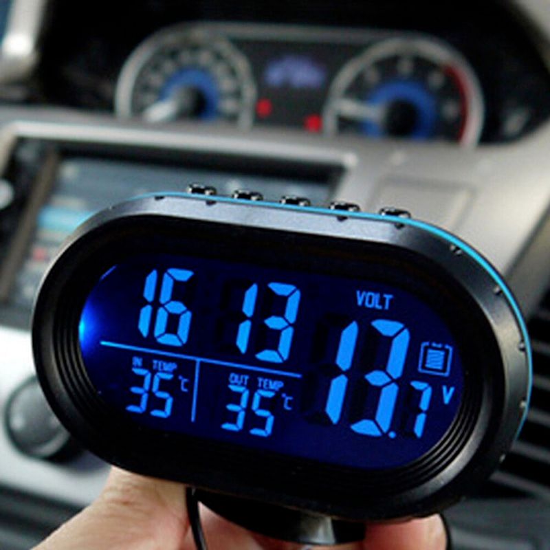 Car Thermometer Digital Clock Automobile Clock LED Lighted Auto Dual Temperature Gauge Voltmeter Voltage Tester 12V 24V Input