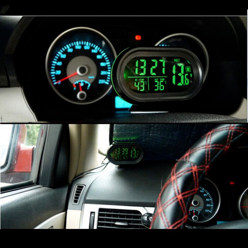 Car Thermometer Digital Clock Automobile Clock LED Lighted Auto Dual Temperature Gauge Voltmeter Voltage Tester 12V 24V Input