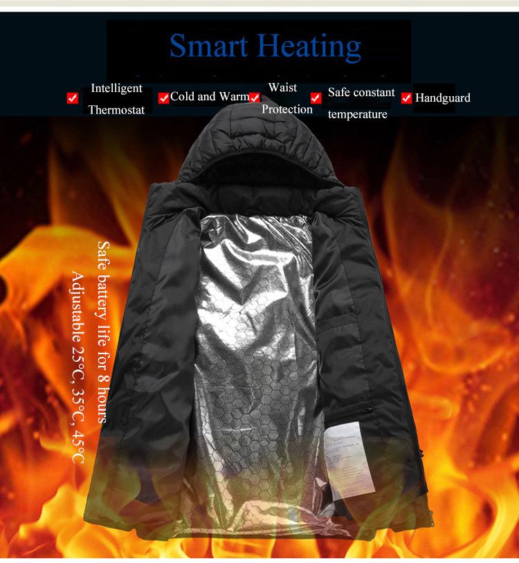 4 Areas Intelligent Heated Jacket Men Women USB Electric Heating Jackets Winter Heatable Outdoor Body Warmer Thermal Jacket Coat-Black