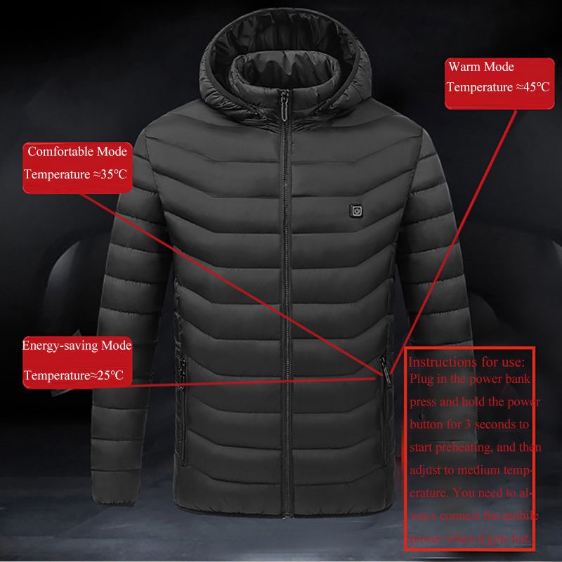 4 Areas Intelligent Heated Jacket Men Women USB Electric Heating Jackets Winter Heatable Outdoor Body Warmer Thermal Jacket Coat-Black