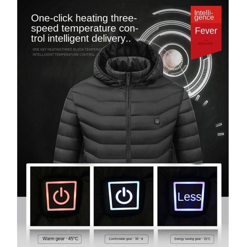 4 Areas Intelligent Heated Jacket Men Women USB Electric Heating Jackets Winter Heatable Outdoor Body Warmer Thermal Jacket Coat-Black