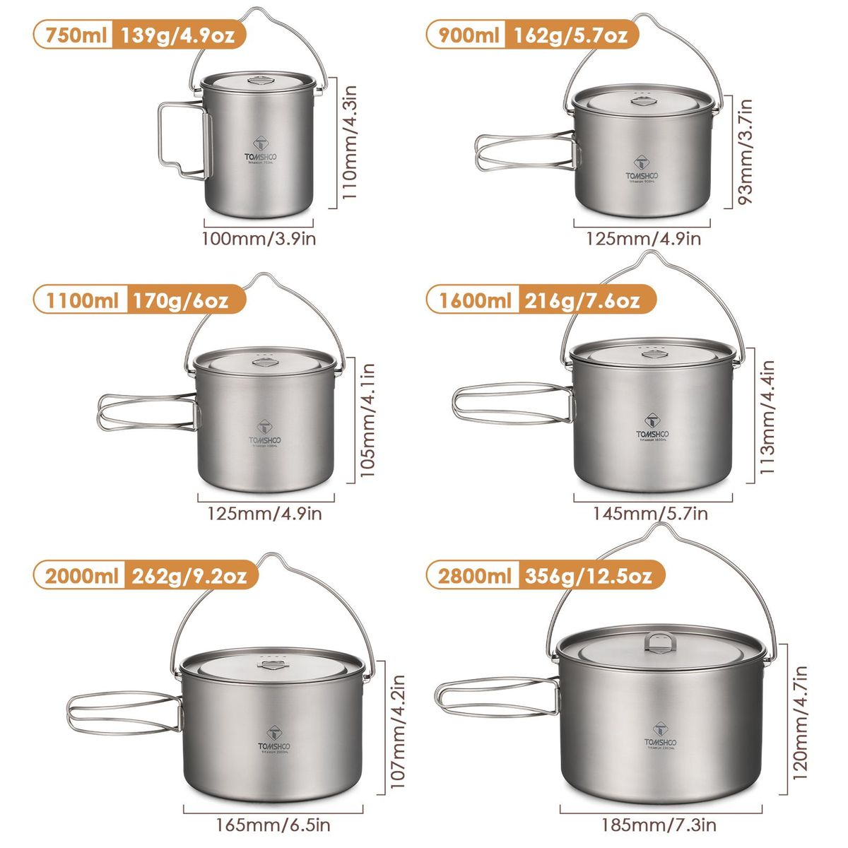 TOMSHOO Titanium Pot 750ml/900ml/1100ml/1600ml/2000ml/2800ml Ultralight Hanging Pot with Lid and Foldable Handle Outdoor Camping Backpacking Cooking Picnic