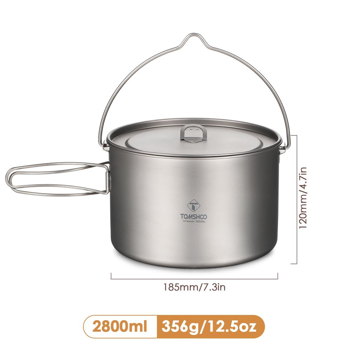 TOMSHOO Titanium Pot 750ml/900ml/1100ml/1600ml/2000ml/2800ml Ultralight Hanging Pot with Lid and Foldable Handle Outdoor Camping Backpacking Cooking Picnic