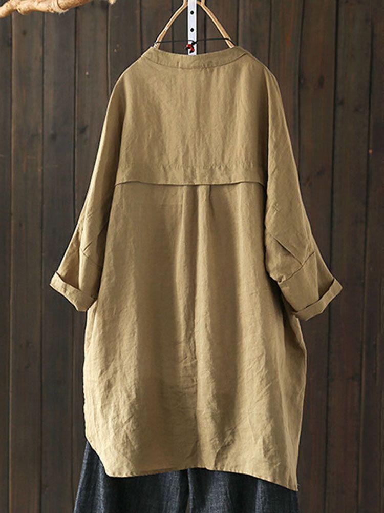 S-5XL Women Long Sleeve Button Down Cotton Asymmetric Vintage Blouse-Beige