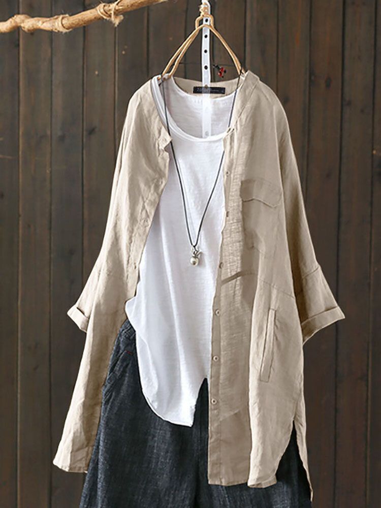 S-5XL Women Long Sleeve Button Down Cotton Asymmetric Vintage Blouse-Beige