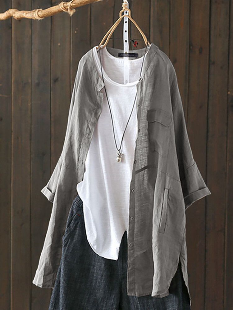 S-5XL Women Long Sleeve Button Down Cotton Asymmetric Vintage Blouse-Beige