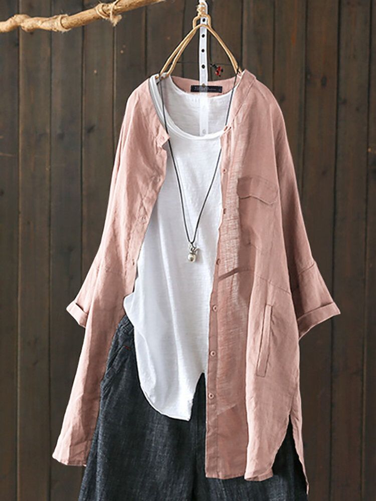 S-5XL Women Long Sleeve Button Down Cotton Asymmetric Vintage Blouse-Beige
