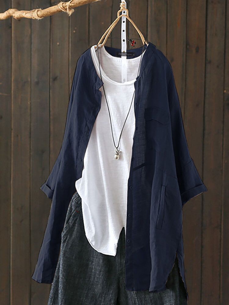 S-5XL Women Long Sleeve Button Down Cotton Asymmetric Vintage Blouse-Beige