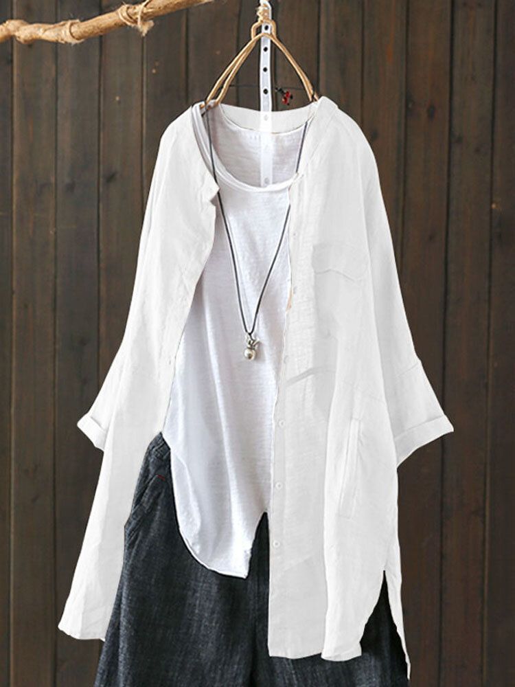 S-5XL Women Long Sleeve Button Down Cotton Asymmetric Vintage Blouse-Beige