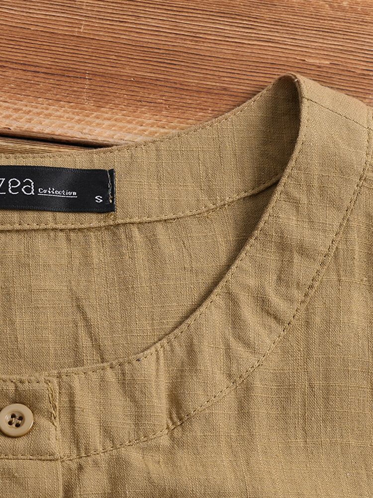 S-5XL Women Long Sleeve Button Down Cotton Asymmetric Vintage Blouse-Beige