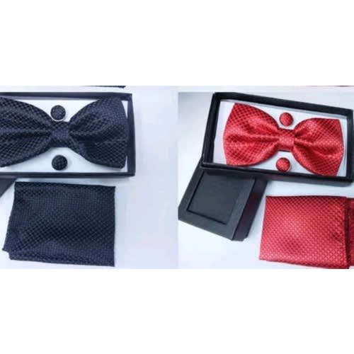 Set Of 2 Cute Bowties, Pocket Square And Cufflinks - Black,red