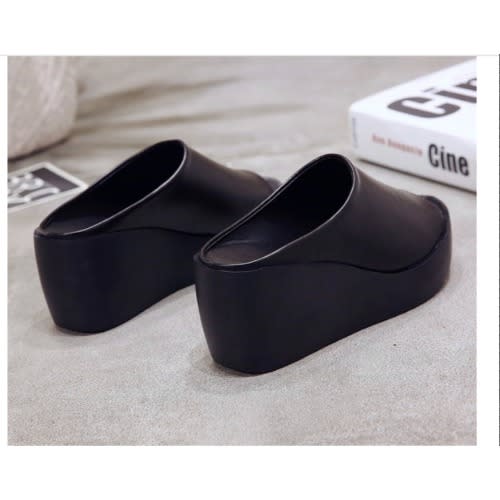 Open Toe Wedge Slippers - Black