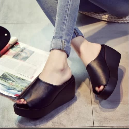 Open Toe Wedge Slippers - Black