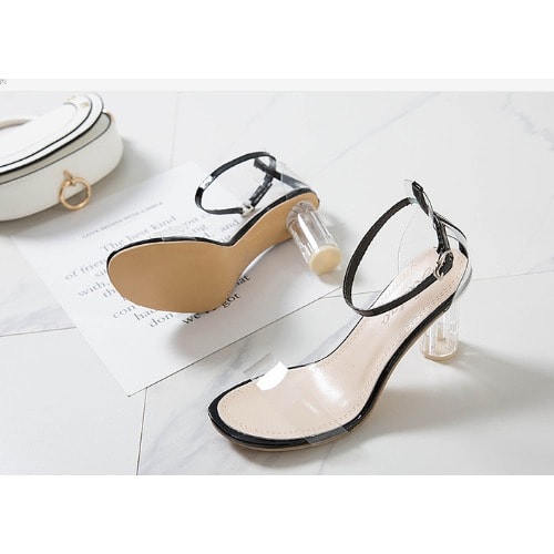 Classic Transparent Low Block Heel Wedge Buckle Sandals -black