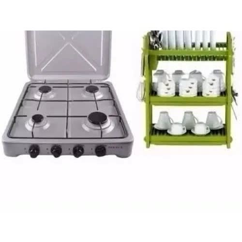 4 Burner Gas Cooker With And 3 Tiers Plate Rack Bundle